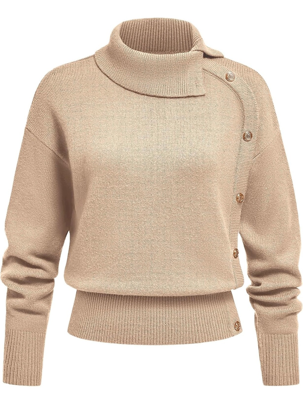 🆕 Women's Khaki Long Sleeve Turtleneck Side Button Cuffs Pullover Sweater